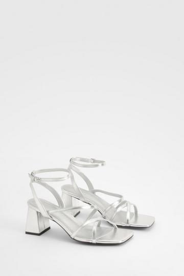 Wide Fit Metallic Asymmetric Strappy Low Block Heels silver