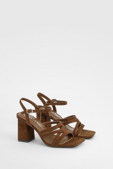 Chocolate Brown Square Toe Strappy Two Part Block Heels