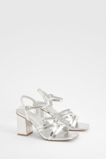 Silver Metallic Square Toe Strappy Two Part Block Heels