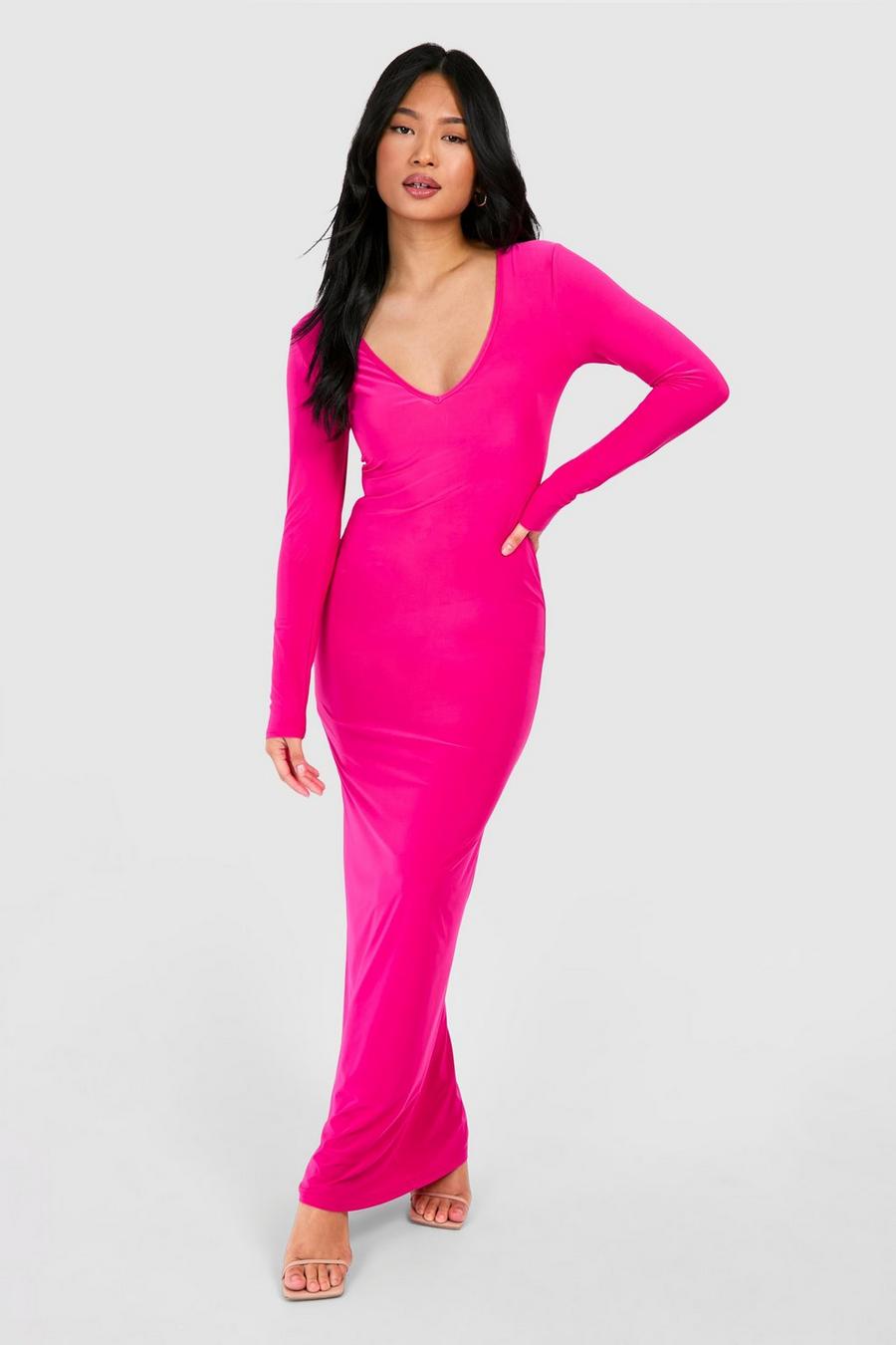 Petite - Robe longue moulante à décolleté plongeant, Hot pink image number 1