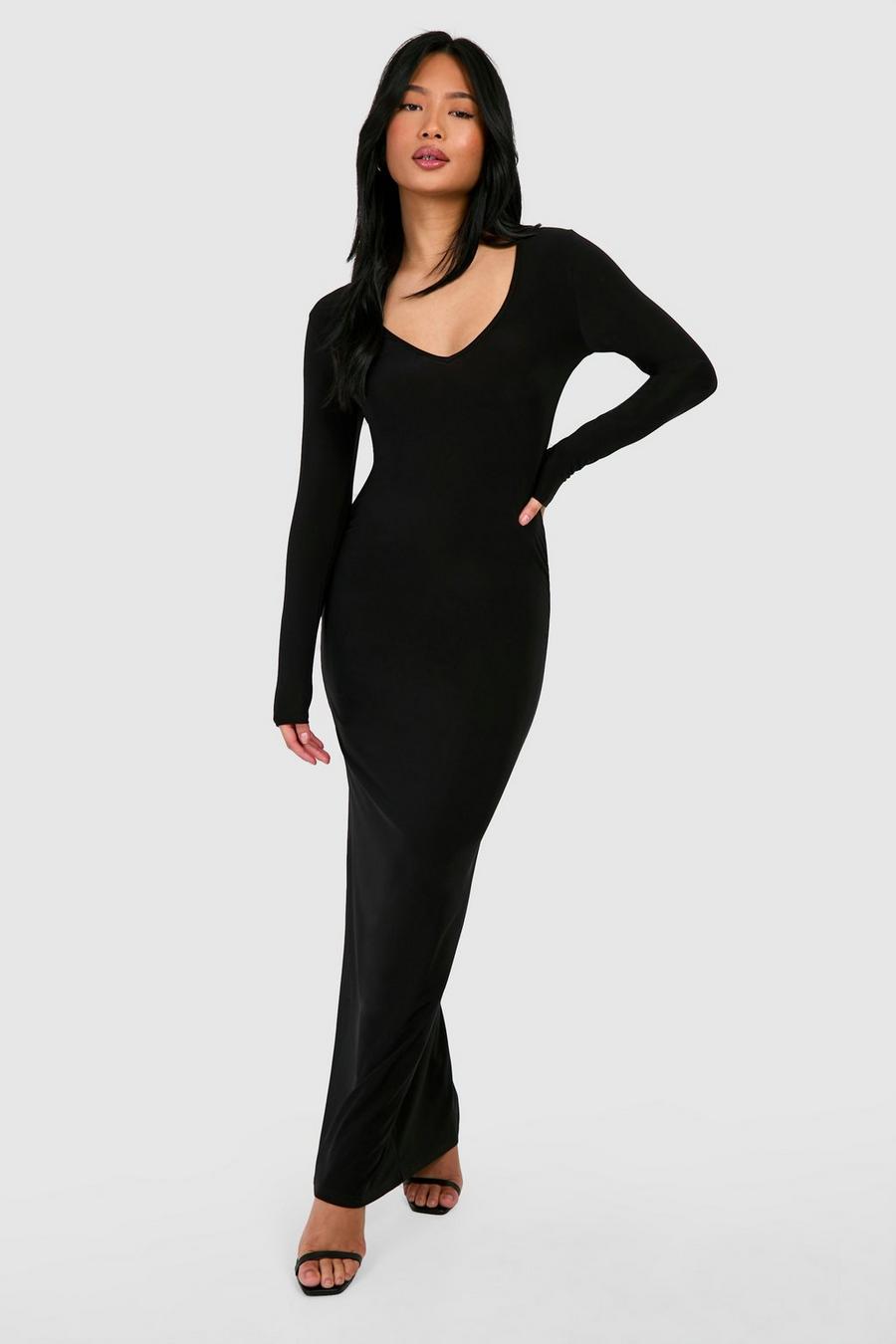 Black Double Slinky Long Sleeve Ruched Midaxi Dress