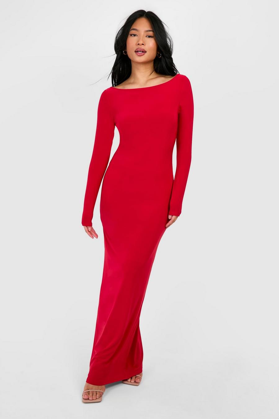 Red Petite Boat Neck Slinky Maxi Dress image number 1