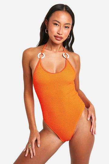 Crinkle O-ring Plunge Swimsuit coral