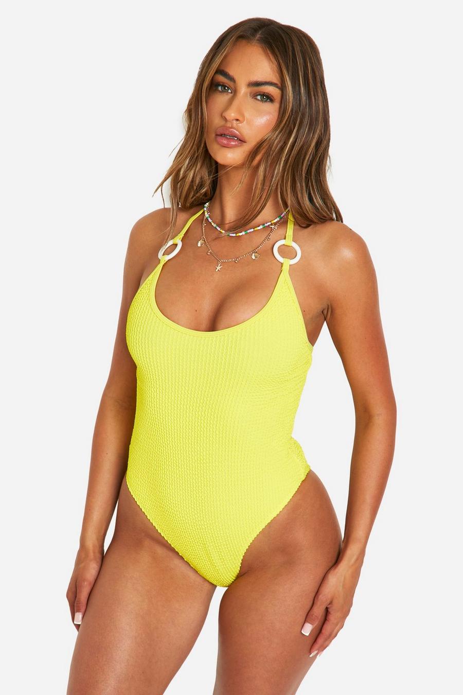 Yellow Crinkle O-ring Plunge Swimsuit image number 1