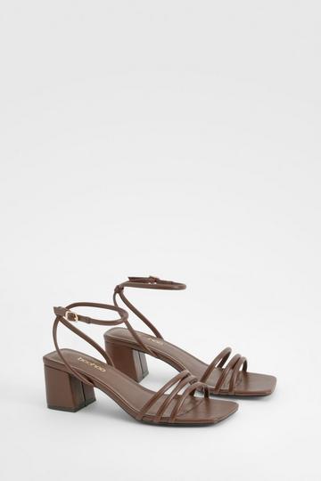 Chocolate Brown Wide Fit Square Toe Triple Strap Low Block Heel Sandals