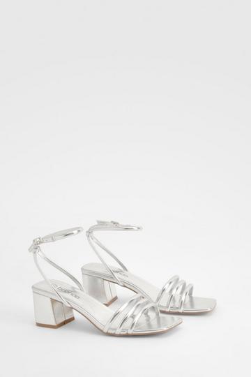 Silver Square Toe Triple Strap Low Block Heel Sandals