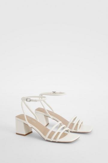 White Wide Width Square Toe Triple Strap Low Block Heel Sandals