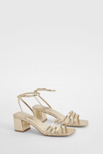 Gold Metallic Square Toe Triple Strap Low Block Heel Sandals