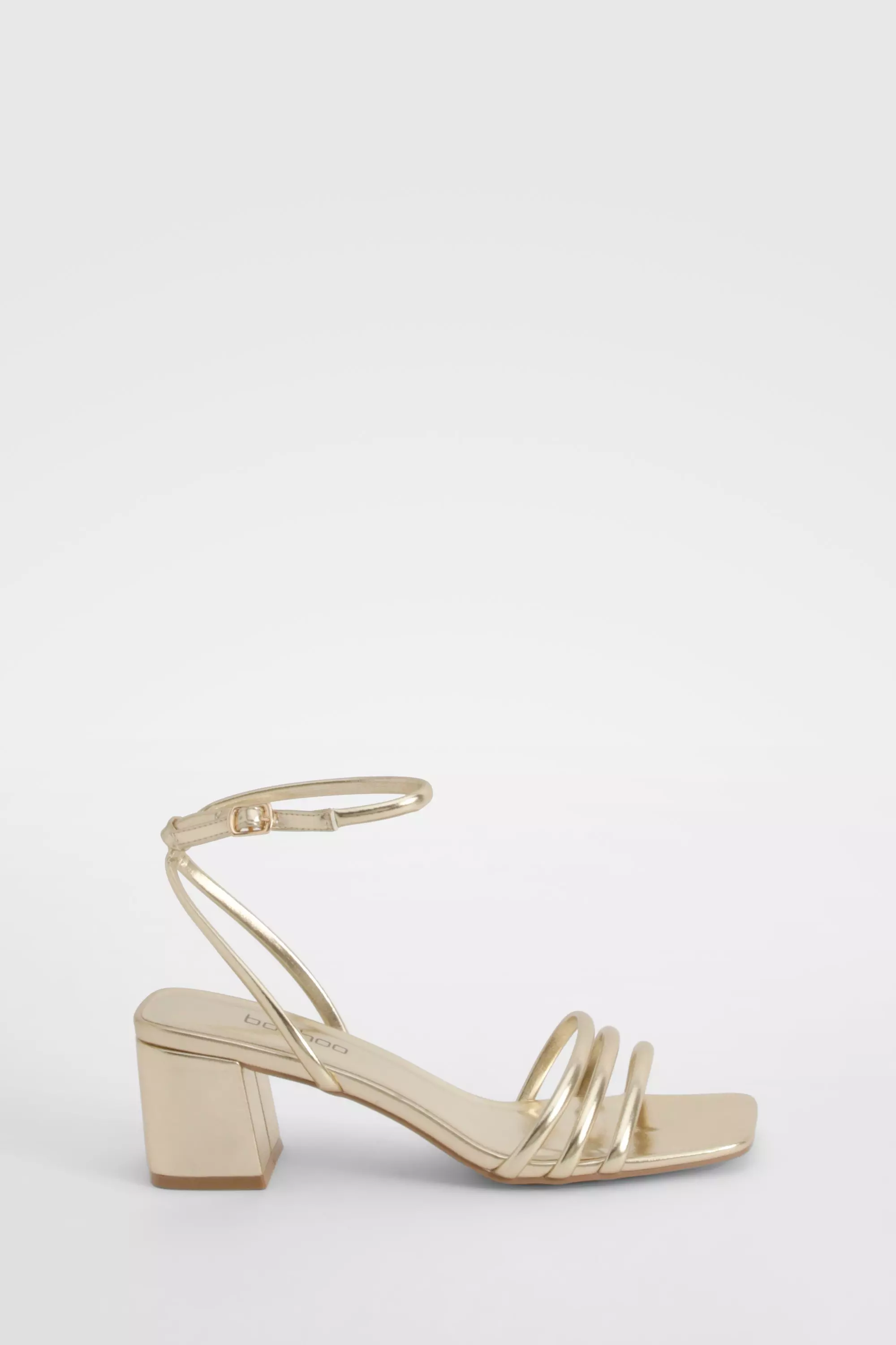 Gold Square Toe Triple Strap Low Block Heel Sandals  alternative image