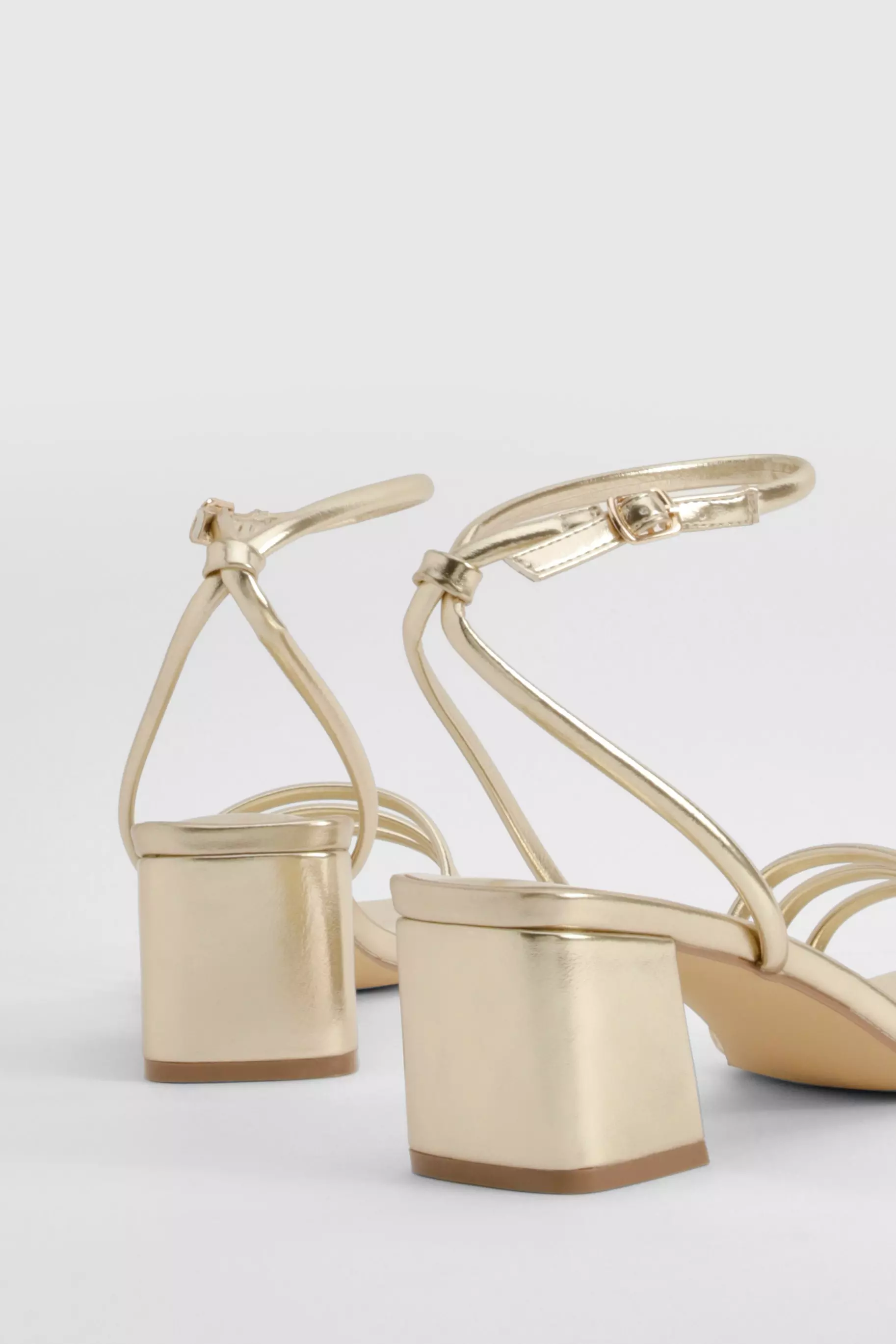 Gold Square Toe Triple Strap Low Block Heel Sandals  alternative image