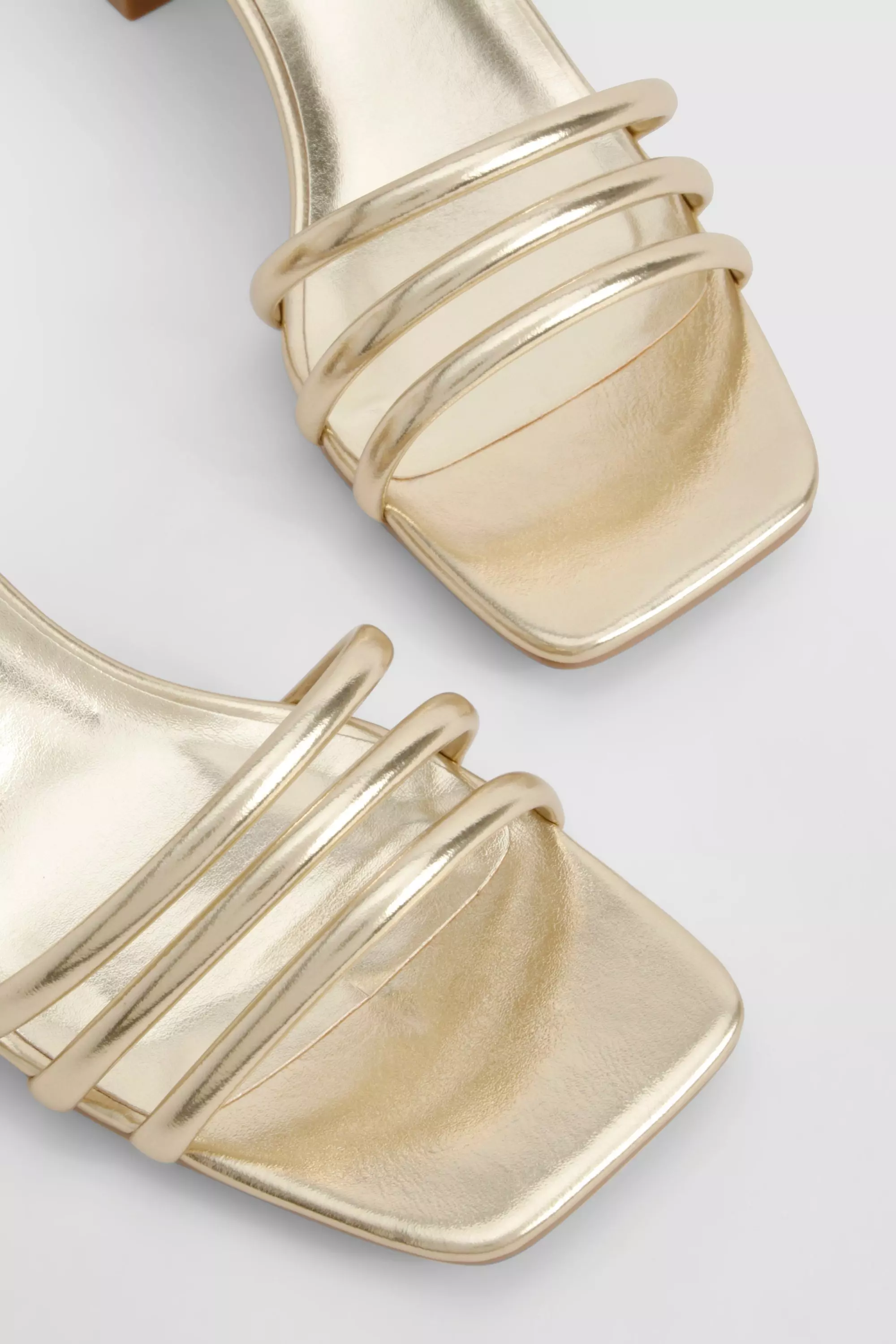 Gold Square Toe Triple Strap Low Block Heel Sandals  alternative image