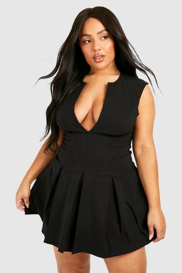 Black Plus Corset Detail Plunge Pleated Hem Dress