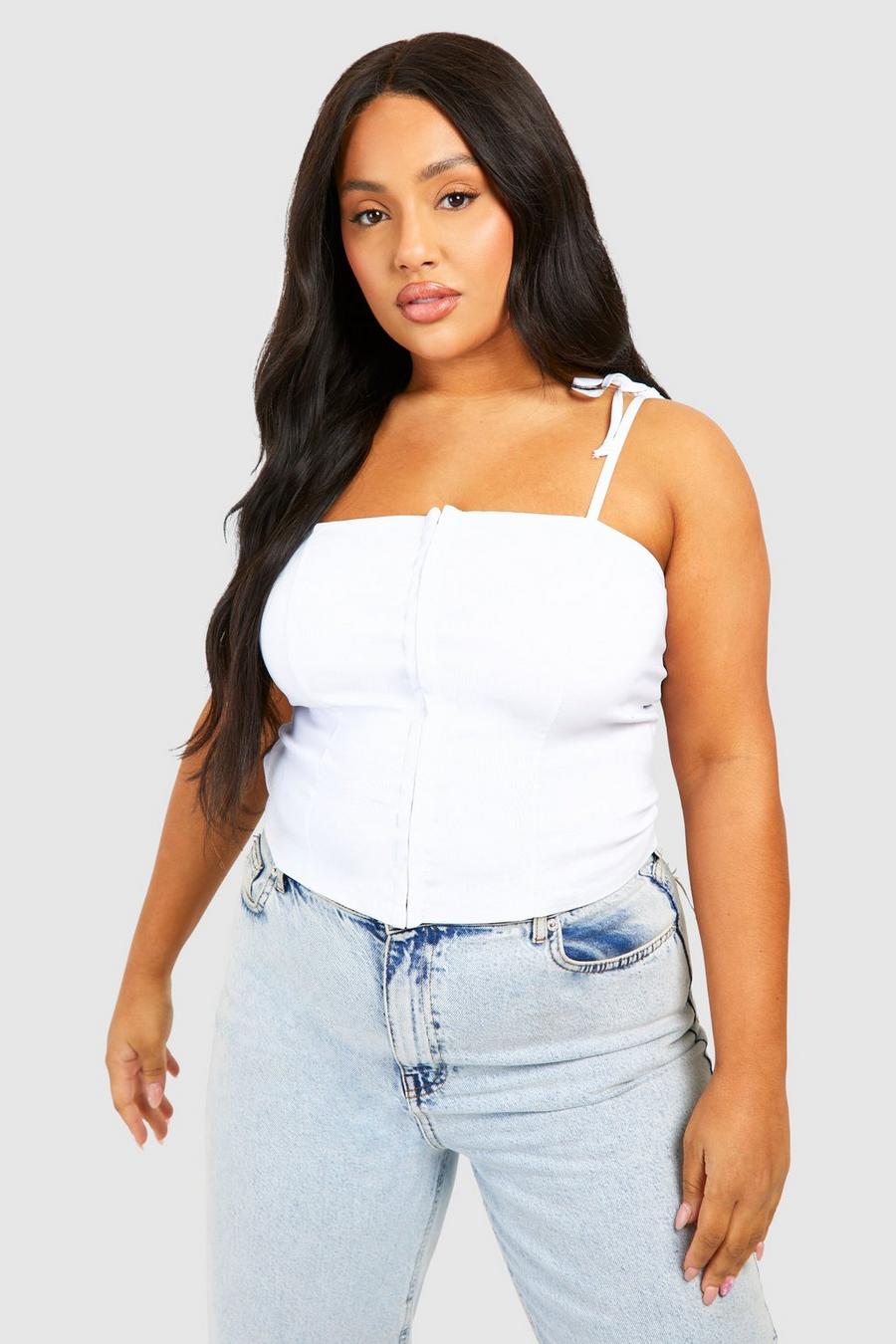 White Plus Hook And Eye Tie Shoulder Corset Top 