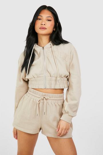 Stone Beige Petite Dsgn Applique Cropped Hoodie Washed Short Tracksuit