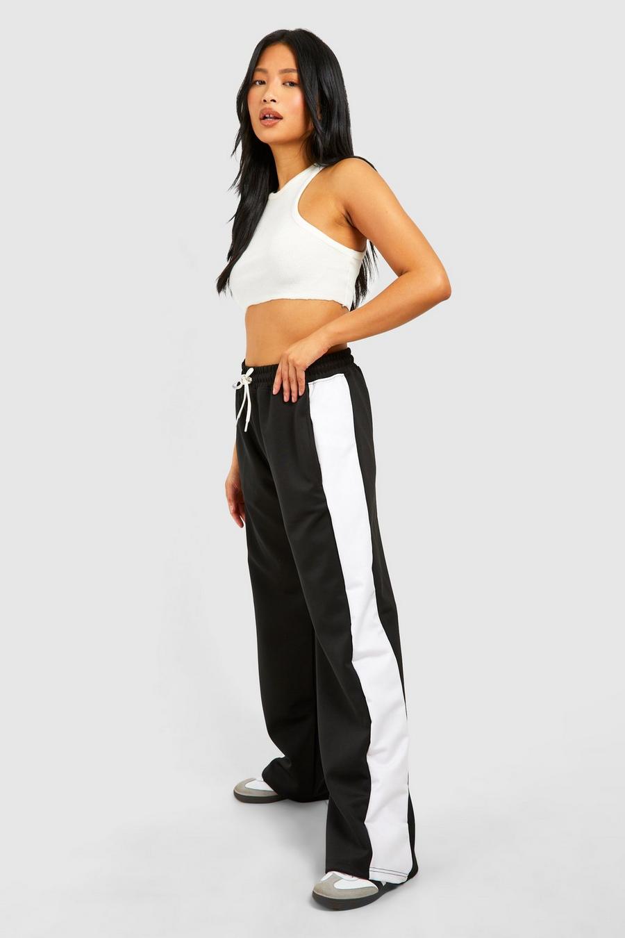 Pantalón deportivo Petite de pernera ancha y tejido por urdimbre con panel lateral, Black