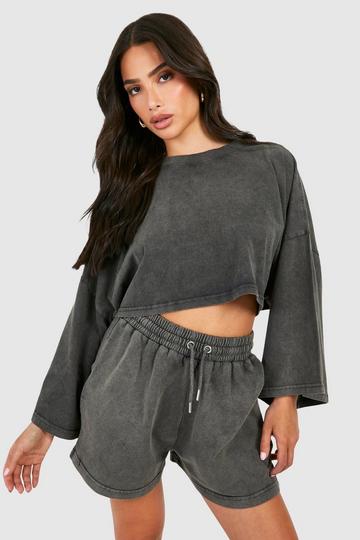 Petite Acid Wash Boxy Crop T-shirt And Sweat Short Set charcoal