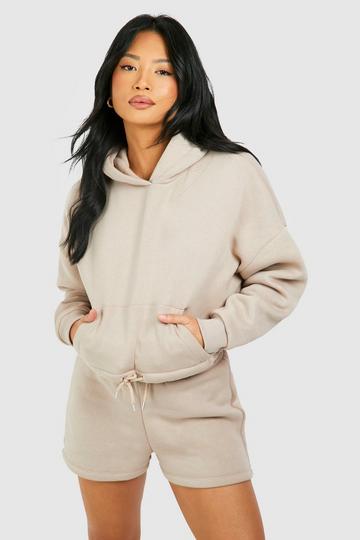 Stone Beige Petite Cropped Hoodie Short Tracksuit