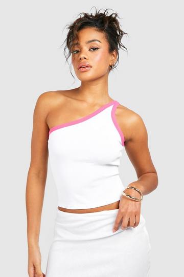 Premium Contrast Rib One Shoulder Tank Top white