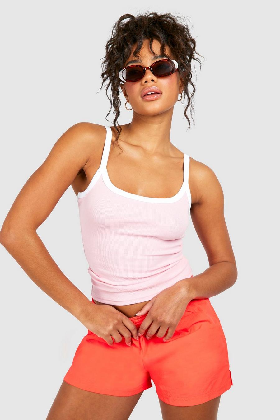 Baby pink Premium Contrast Rib Strappy Tank Top image number 1