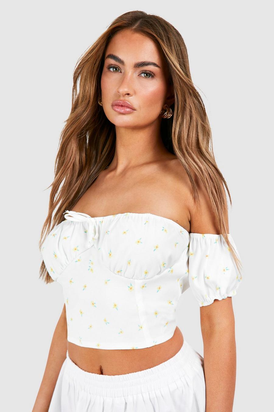 White Ditsy Floral Bengline Off The Shoulder Corset
