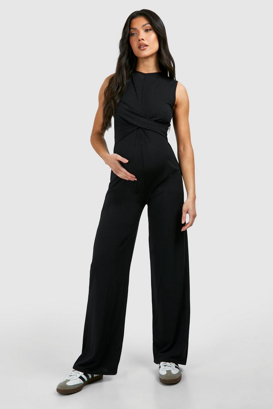 Black Maternity Rib Sleeveless Knot Detail Lounge Jumpsuit image number 1
