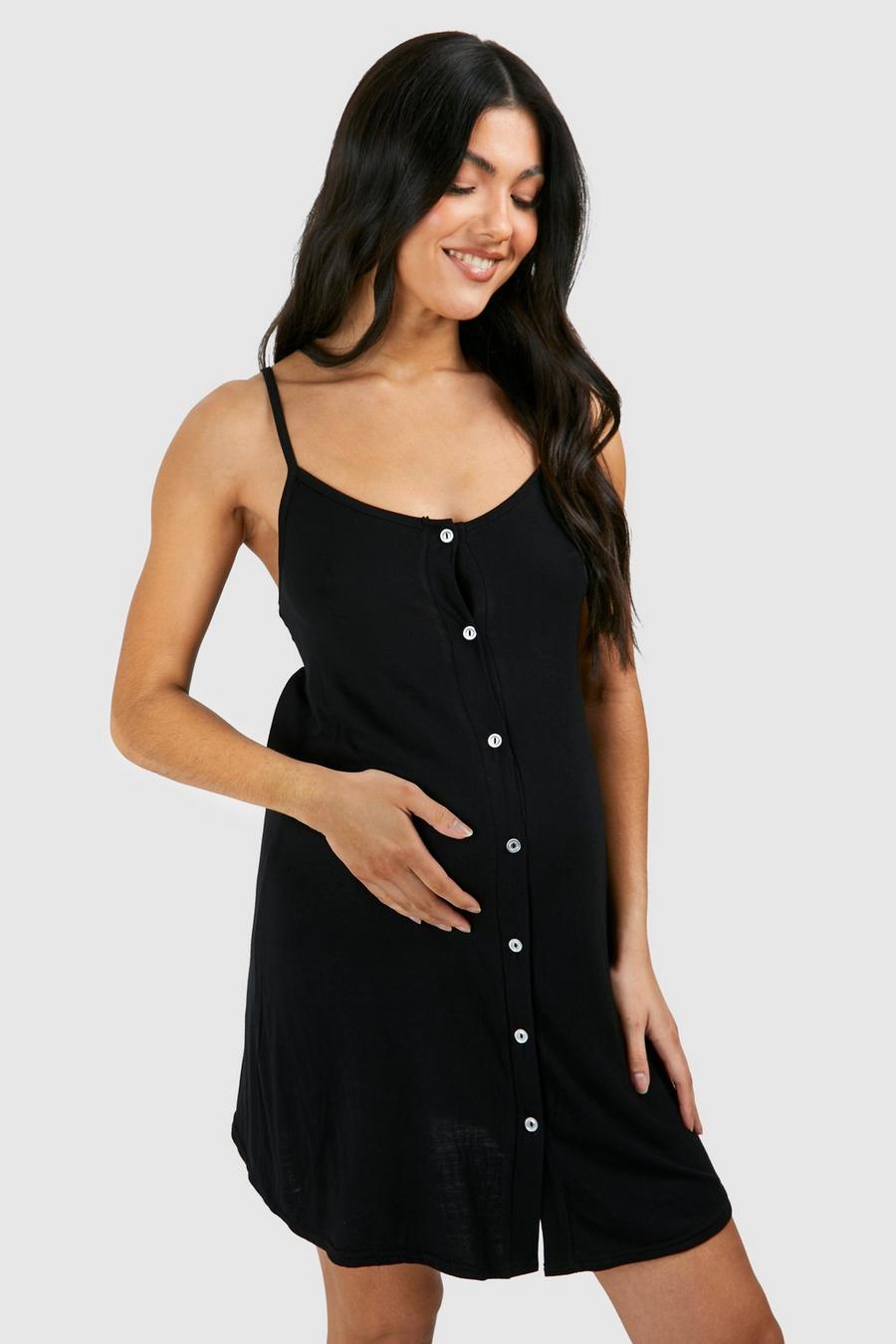 Black Maternity Button Down Strappy Nightgown