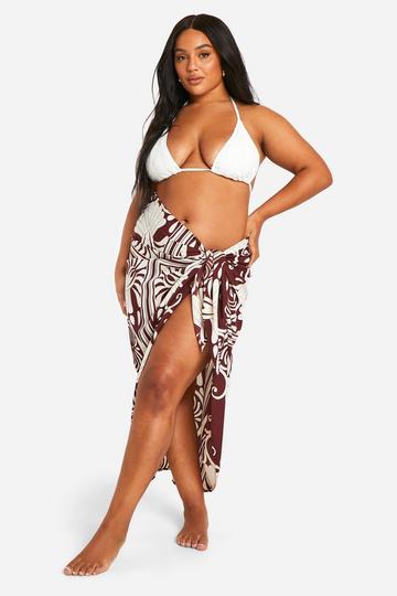 Plus Abstract Wrap Tie Beach Maxi Skirt dark brown