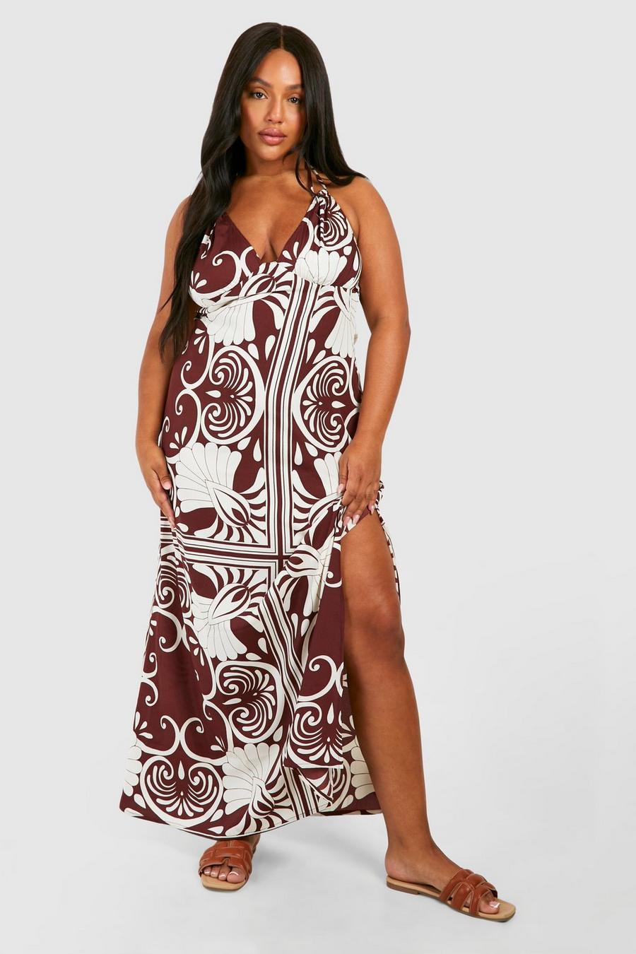 Dark brown Plus Abstract Split Double Strap Maxi Dress image number 1