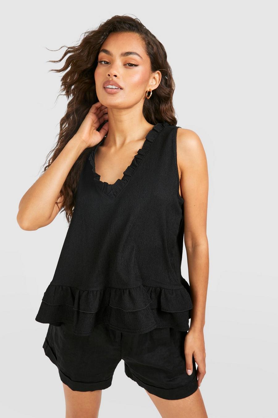 Black Crinkle Textured Plunge Tiered Cami