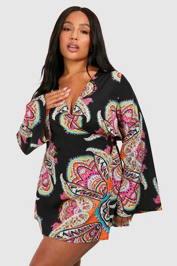 Plus Paisley Wrap Mini Dress black