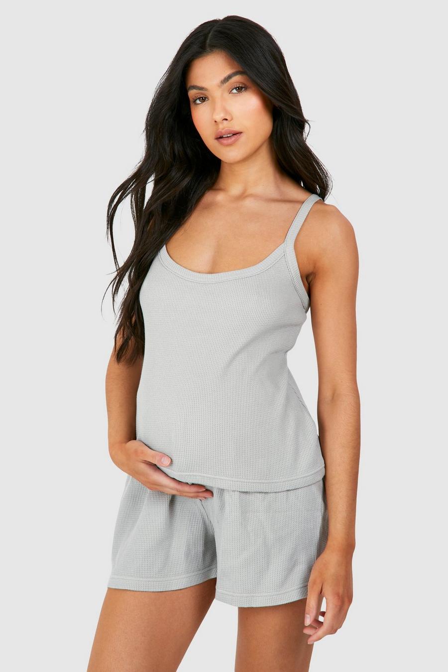 Grey Maternity Waffle Cami Top And Short Lounge Set image number 1