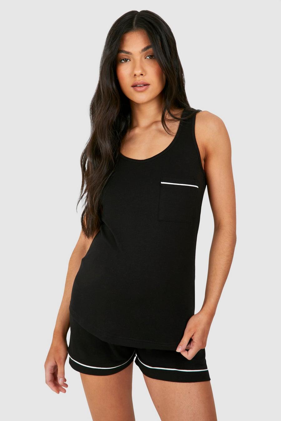 Black Maternity Piped Tank Top And Short Pajama Set image number 1