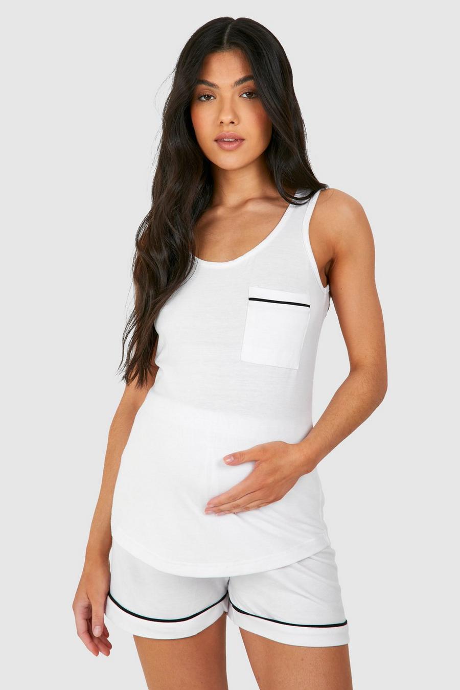 White Maternity Piped Vest And Short Pyjama Set
