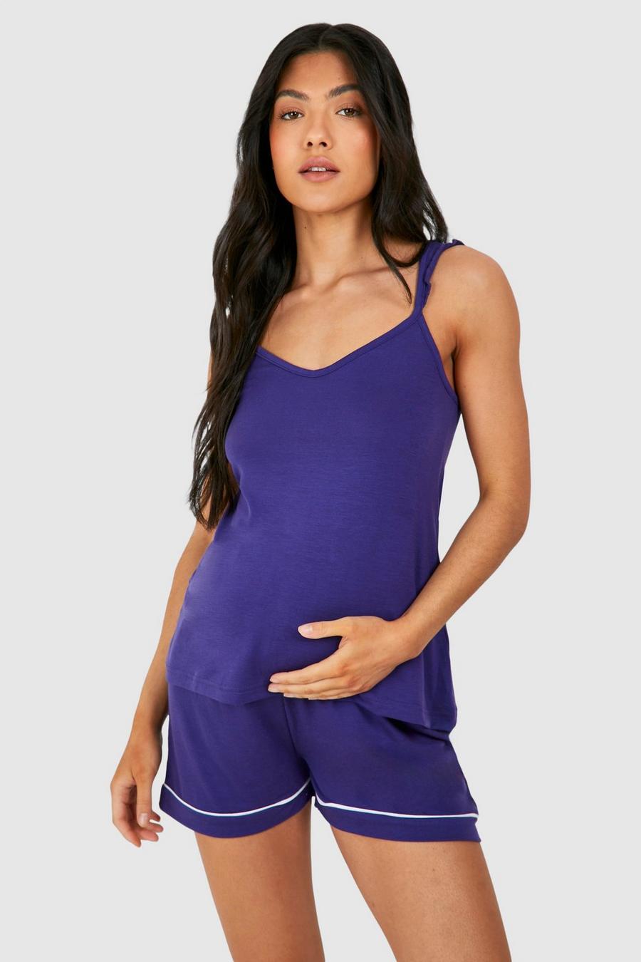 Navy Maternity Frill Sleeve Piped Short Pyjama Set image number 1