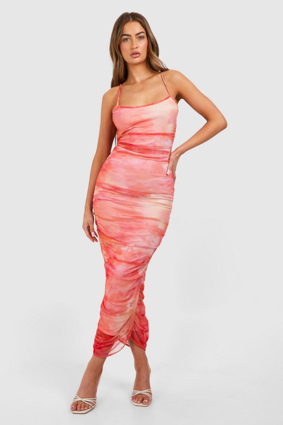 Pink Strappy Mesh Floral Maxi Dress