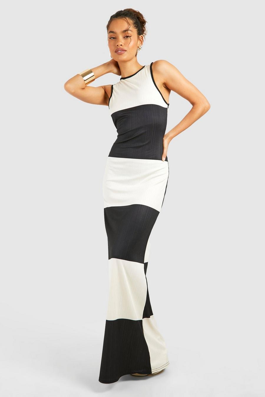 White Racer Neck Color Block Stripe Rib Maxi Dress image number 1