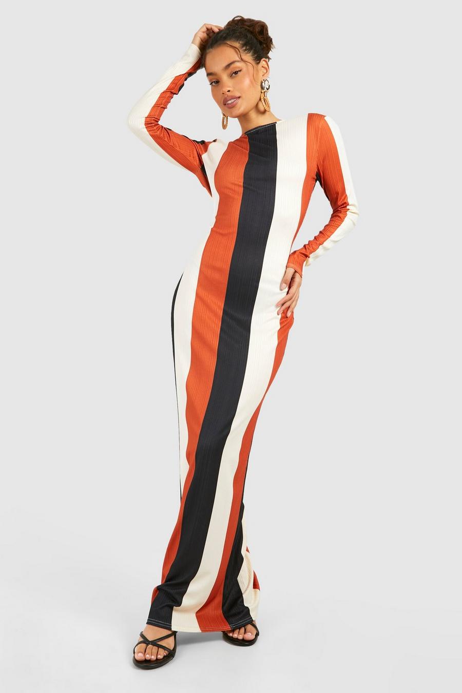 White Low Back Scoop Stripe Rib Maxi Dress image number 1