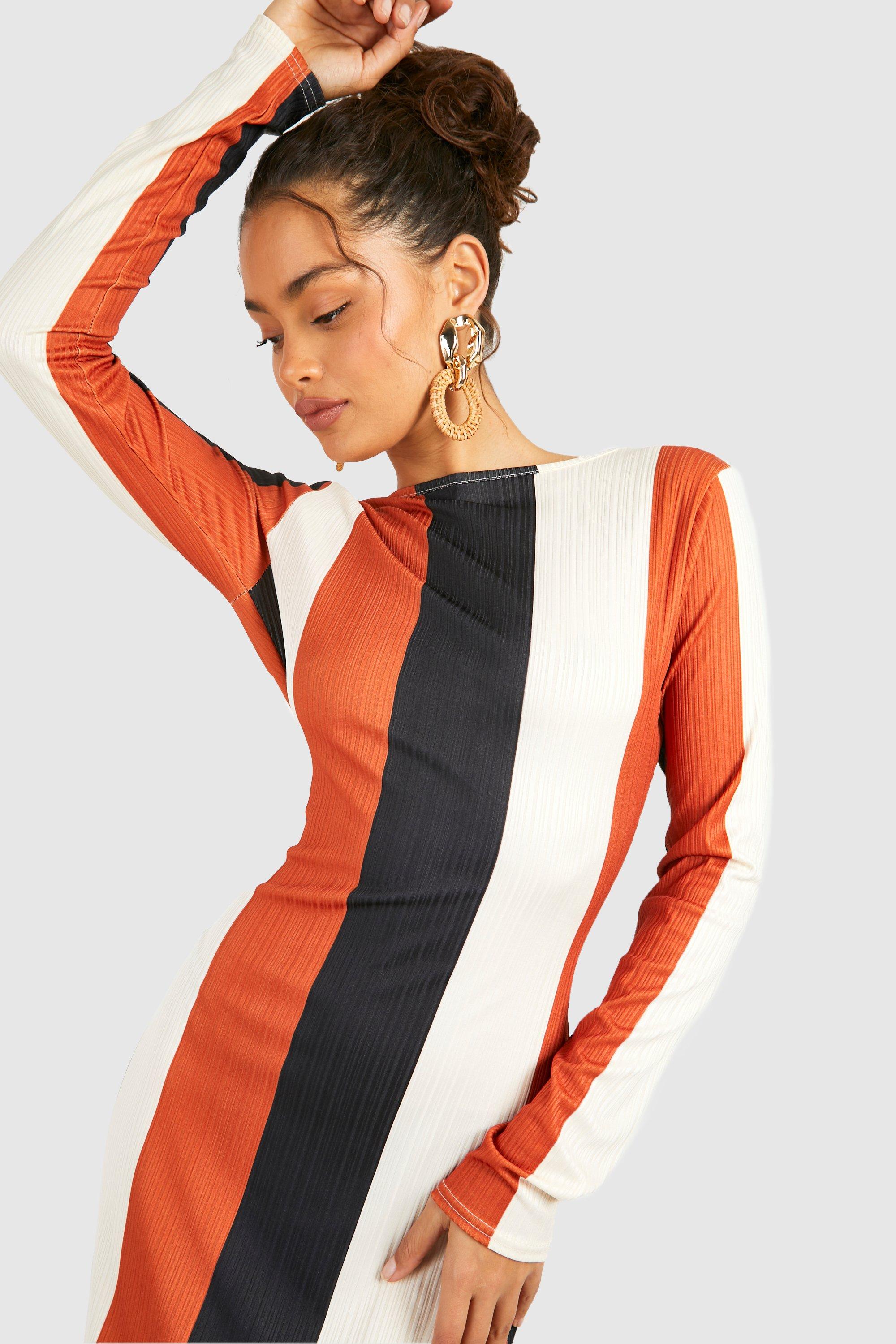 Low Back Scoop Stripe Rib Maxi Dress boohoo