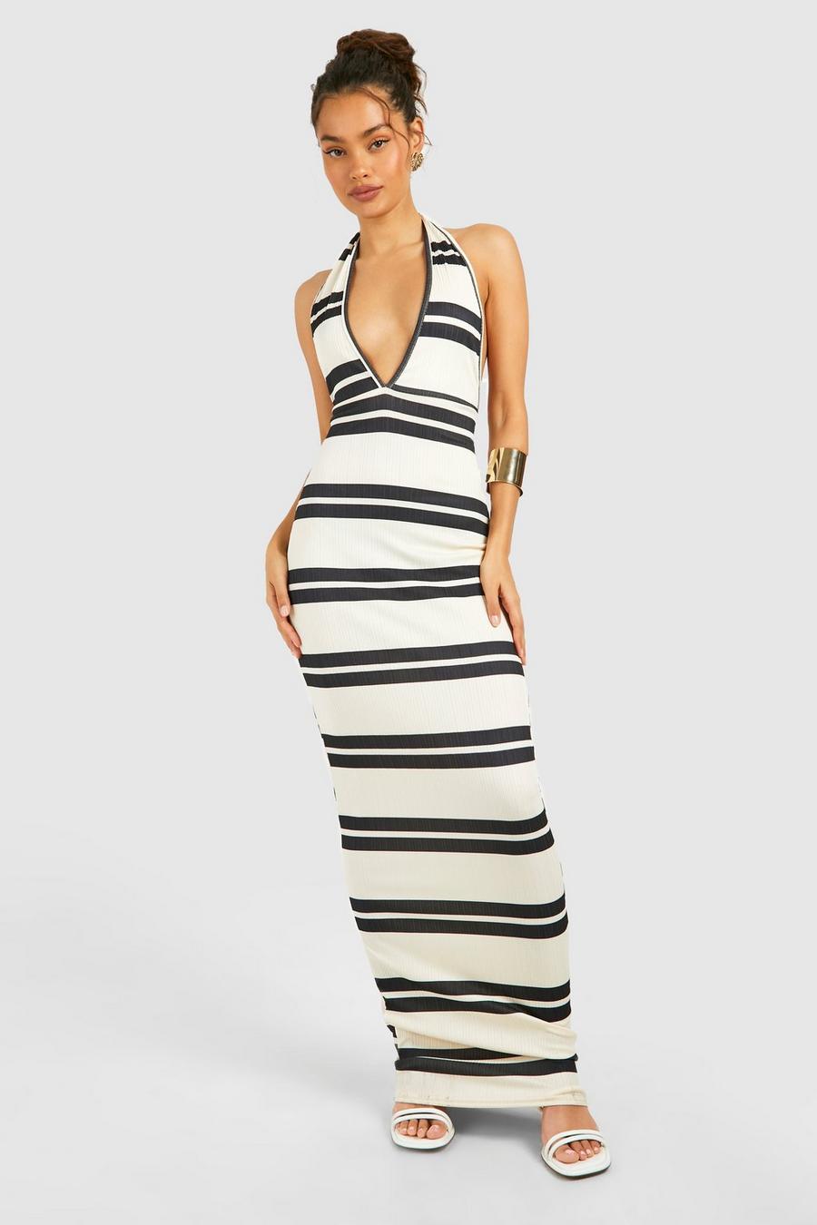 White Halter Stripe Rib Maxi Dress