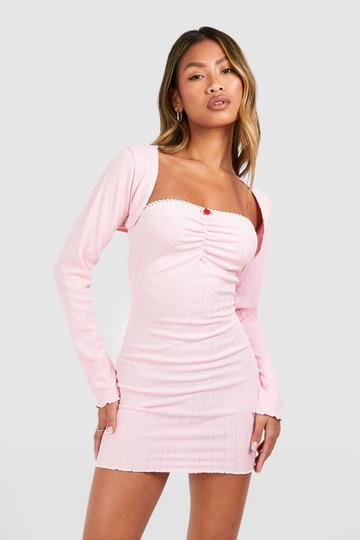 Pink Lace Rose Trim Bandeau Bolero Mini Dress