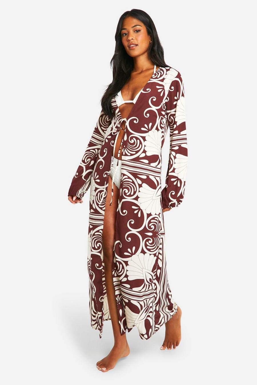 Dark brown Tall Abstract Maxi Beach Cover Up image number 1