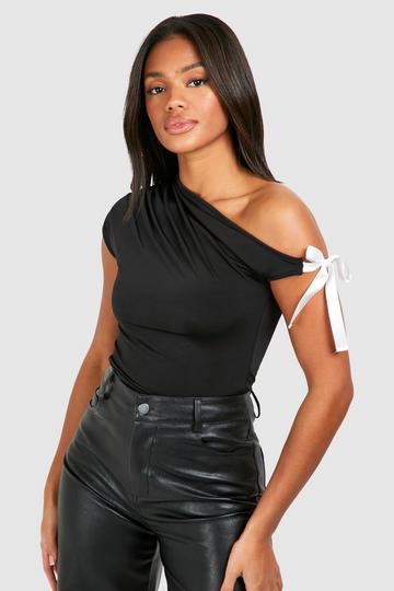 Black Slinky Asymmetric Ribbon Detail Top