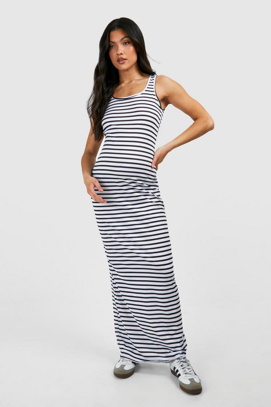 White Maternity Stripe Scoop Neck Maxi Dress image number 1