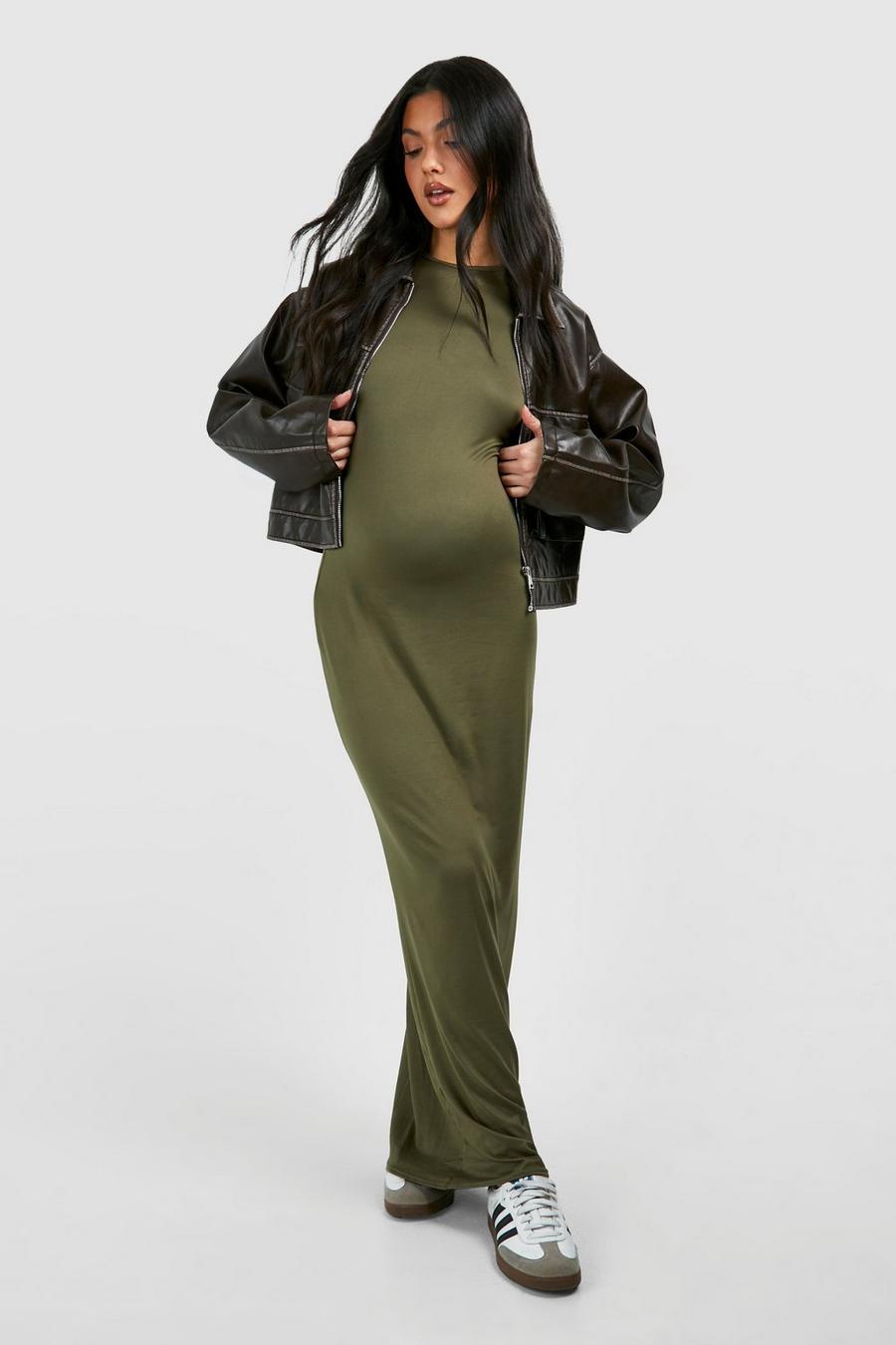 Khaki Maternity Racer Neck Supersoft Bodycon Maxi Dress image number 1