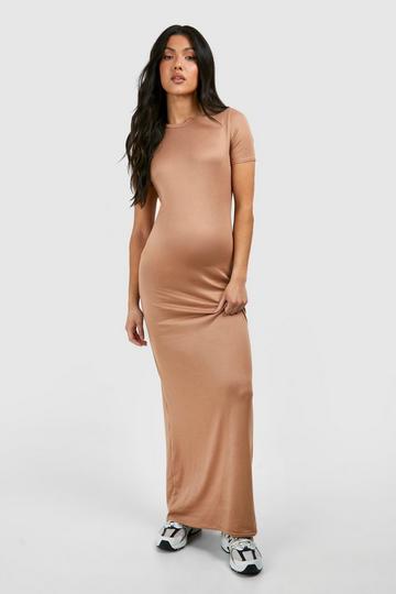 Camel Beige Maternity Short Sleeve Supersoft Bodycon Maxi Dress