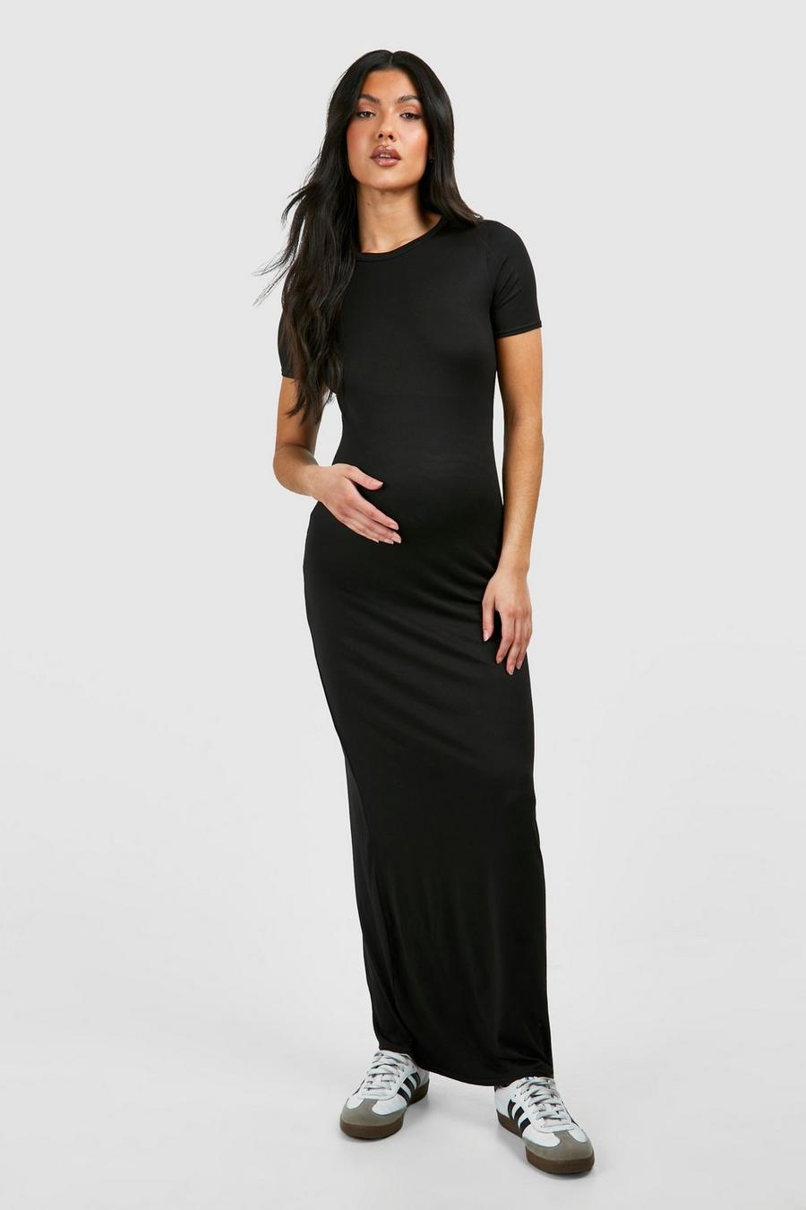 Black Maternity Short Sleeve Supersoft Bodycon Maxi Dress