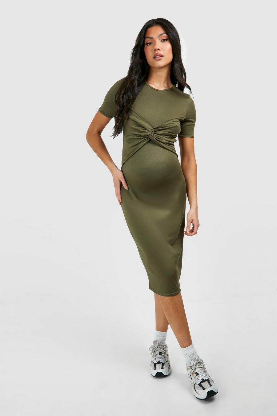 Khaki Maternity Twist Front Supersoft Bodycon Midi Dress image number 1
