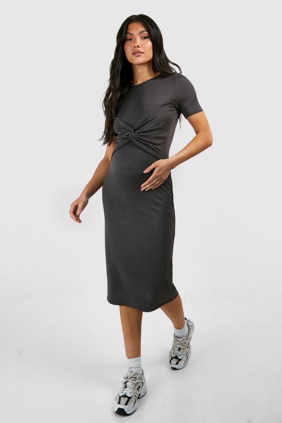 Charcoal Maternity Twist Front Supersoft Bodycon Midi Dress image number 1