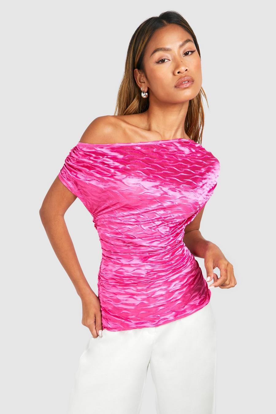 Hot pink Textured Satin Asymmetric Ruched Top image number 1