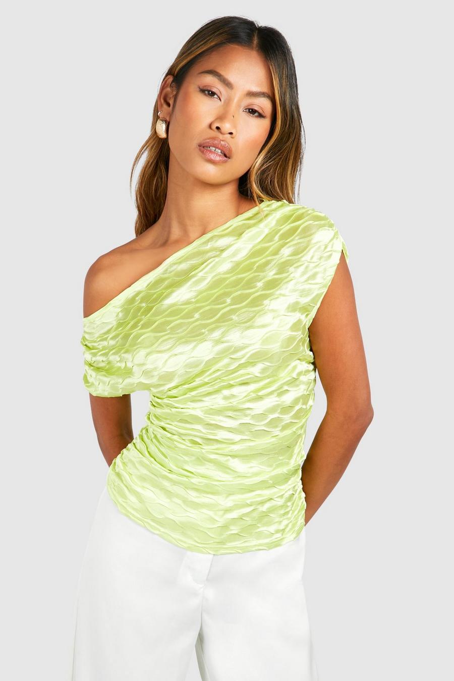 Lime Textured Satin Asymmetric Ruched Top image number 1